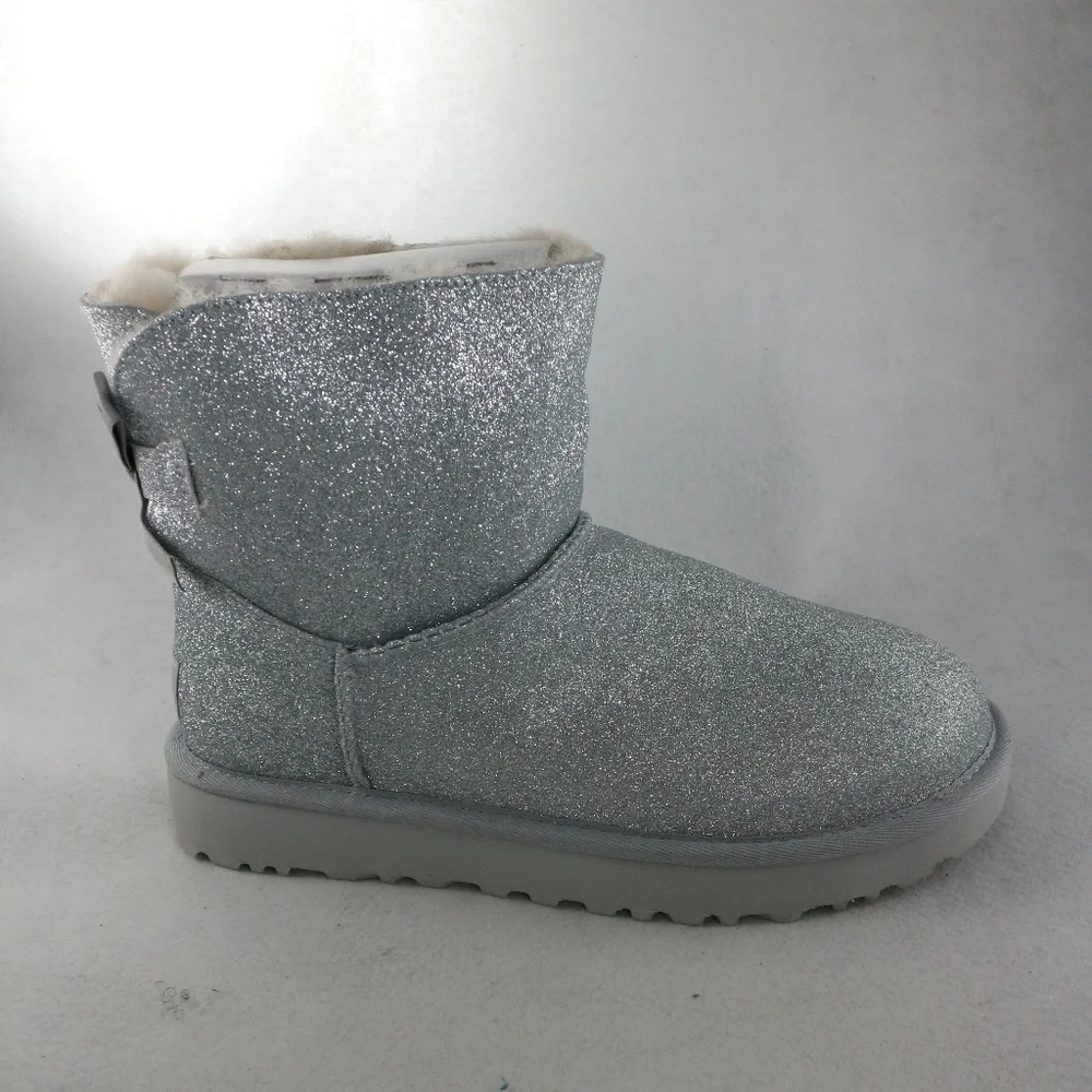 UGG Womens Mini Bailey Bow Silver Sparkle PAIR Boots NEW Sz 6 - Picture 2 of 8